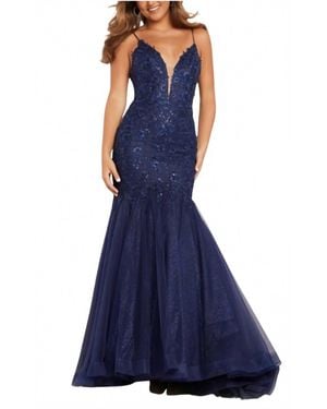Jovani Mermaid Plunging Neckline Gown - Blue