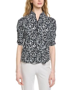 IBKUL Ruched Elbow Sleeve Mandarin Collar Top - Black