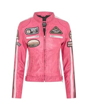 Infinity Leather Biker Racing Badges Fuschia Leather Jacket-Eastleigh - Pink