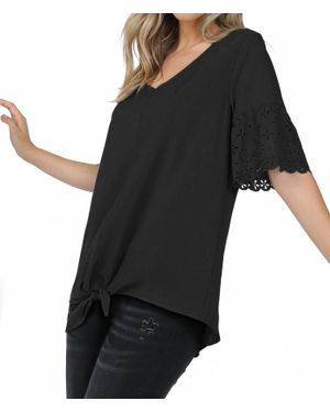 shop basic Laser Cut Short Sleeve V Neck Top With Tie - Black