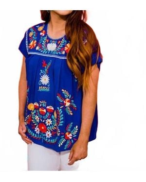 Layerz Clothing Floral Embroidered Short Sleeve Top - Blue