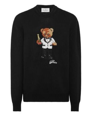 Philipp Plein Round Neck Knitted Pullover Philipps Teddy Bear - Black
