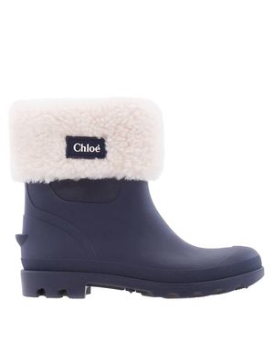 Chloé Girls Faux Fur-Trim Rubberized Boots - Blue