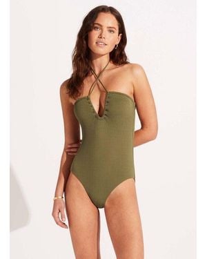 Seafolly Sea Dive One-Piece 4 Khaki Stretch Spaghetti Strap Bandeau Erk347 ,Regular,4) - Green