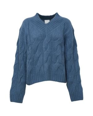 Allude Cable-Knit Cashmere Silk V-Neck Sweater - Blue