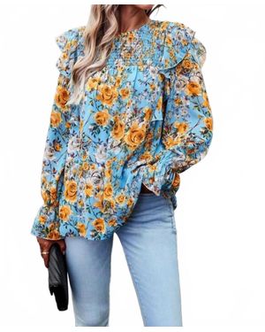 Epretty Bright Floral Print Smocked Ruffle Trim Blouse - Blue