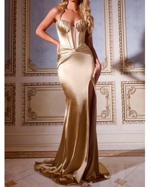 Jovani Strapless Fitted Satin Gown With Corset And Train - Brown