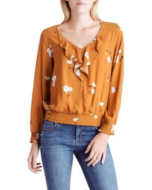 Kensie Floral Long Sleeve Ruffled V-Neck Woven Top - Orange
