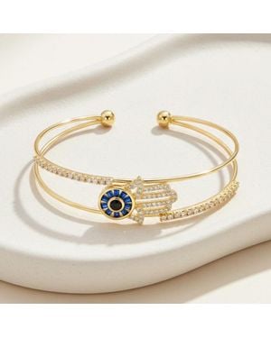 Fashnzfab Plated Cz Pave Hamsa Hand Evil Eye Cuff Bracelet - Metallic