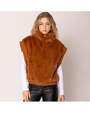 TRUEDAMES Faux Fur Rib Sleeve Vest - Brown