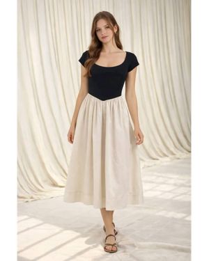 Moon River Basque Waist Short Sleeve Mixed Media Dress - Natural