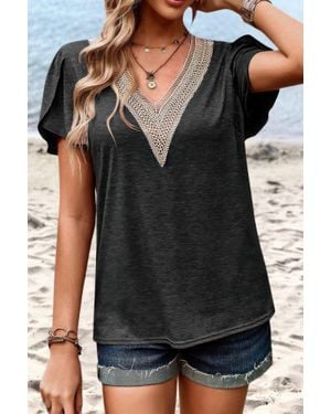 Fashnzfab Deep V Neck Lace Ruffle Sleeves Solid Fit Shirt - Black