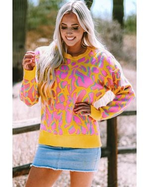 TRUEDAMES Vitality Abstract Print Ribbed Trim Baggy Sweater - Orange