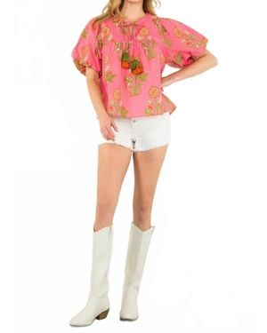 Thml Puff Sleeve Floral Tassel Tie Top - Red