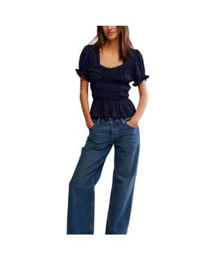 Free People Adore You Short Sleeve Blouse - Blue