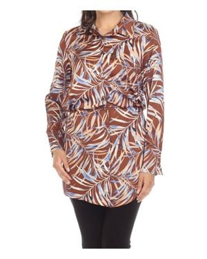 Joseph Ribkoff Leaf Print Elastic Waist Long Sleeve Button-Down Blouse - Pink