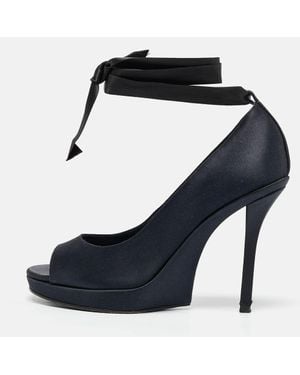 Saint Laurent Saint Laurent Satin Open Toe Ankle Wrap Platform Pumps Size 37 - Blue