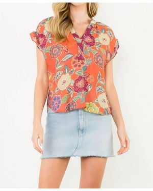 Thml Floral Smocked Back V-Neck Top - Red