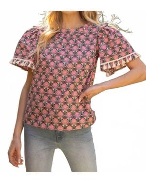 Voya Torah Fringe Trim Short Sleeve Printed Top - Red