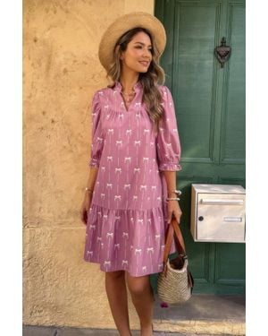 TRUEDAMES A Line Bow Ruffle V Neck Loose Fit Dress - Pink