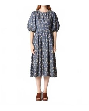 Gracia Floral Print Puff Sleeve Round Neck Long Dress - Blue