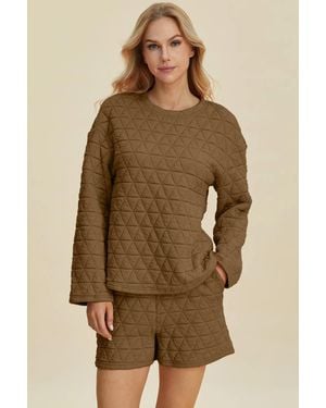 TRUEDAMES Full Size Texture Round Neck Long Sleeve Top And Shorts Set - Brown