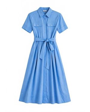 MEIMEIJ Belted Half Sleeve Button Front Midi Dress - Blue