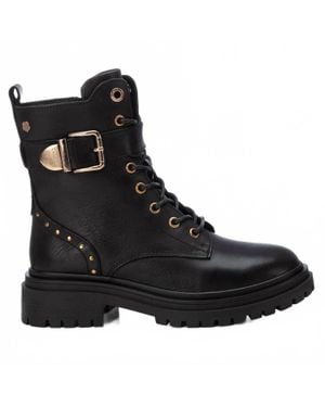 Carmela Casual Leather Combat Booties - Black
