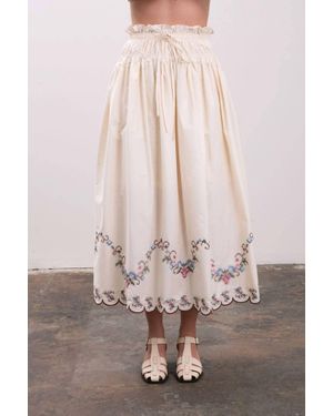 Moon River Embroidered Eyelet Floral Hem Midi Skirt - Pink