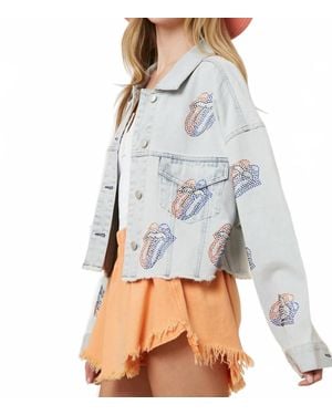 Jodifil Licensed Rolling Stones Sequin Tongues Denim Crop Jacket - Gray