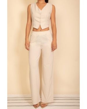 TRUEDAMES Tailored Button Vest With Adjustable Back Tie & Wide Leg Pants Set - Natural