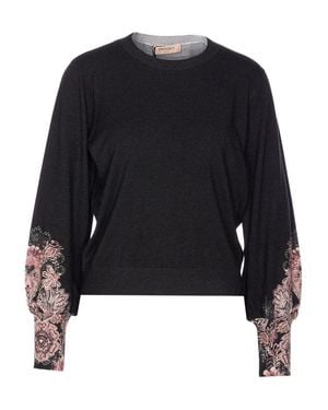 Twinset Embroidered Cropped Sweater With Round Neckline And Decorative Sleeves - Blue
