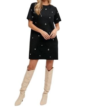 Bluivy Elle Rhinestone Embellished Suede Shift Mini Dress - Black