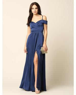 TRUEDAMES Off-Shoulder Satin A-Line Evening Gown With Slit - Blue