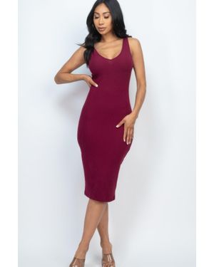 TRUEDAMES Ribbed Back Slit Bodycon Midi Dress - Red