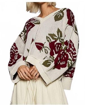 Pol Long Sleeve Contrast Floral Sweater Top - Pink