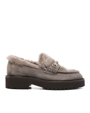 Doucal's Plush Sheepskin Lining Flat Leather Loafers - Gray