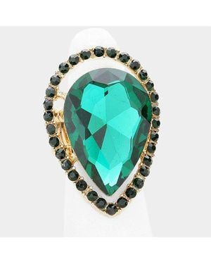 Fashnzfab Crystal Rhinestone Teardrop Stretch Cocktail Ring - Green