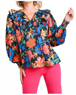 Umgee Satin Floral Print Top - Blue