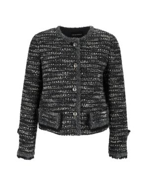 Emporio Armani Cropped Textured Fringed Blazer - Black