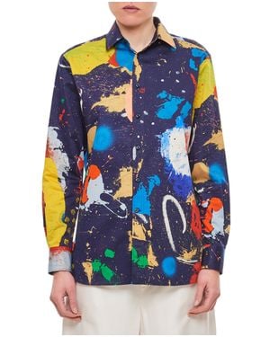 Ralph Lauren Mock Neck Cotton Shirt With Abstract Print And Button Closure - Blue