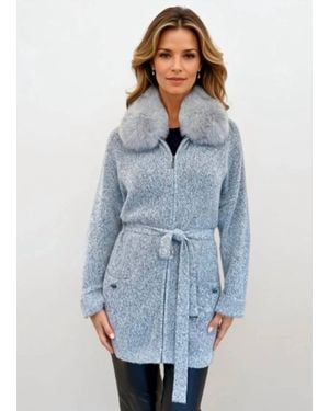 Max & Moi Long Zip Cardigan With Fox Fur Collar - Blue