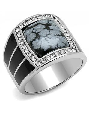 Fashnzfab High Polished (No Plating) Stainless Steel Ring With Semi-Precious Snowflake Obsidian - Metallic