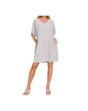 Zenana Woven Airflow V Neck T Shirt Dress - Gray
