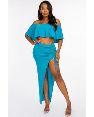 TRUEDAMES Solid Ity Off The Shoulder Ruffled Cropped Top And Ruched Maxi Skirt Two Piece Set - Blue
