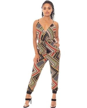 TRUEDAMES Boarder Print Wrap Drawstring Waist Jumpsuit - Black