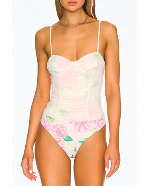 AFRM Kat Corset Ruched Mesh Bodysuit - White