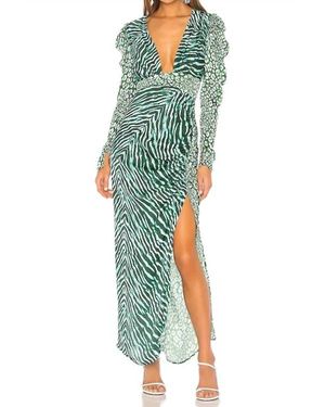 Rococo Sand Animal Print Satin Irene Puff Sleeve Sheath Dress - Green