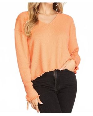 She + Sky Long Sleeve Rib Knit Lettuce Hem V-Neck Top - Black
