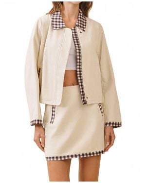 TCEC Contrast Gingham Trim Front Zipper Collared Jacket - Natural